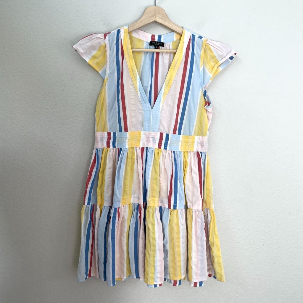 Rag & Bone Womens Small Multicolor Striped V Neck Tiered Dress Cap Sleeve